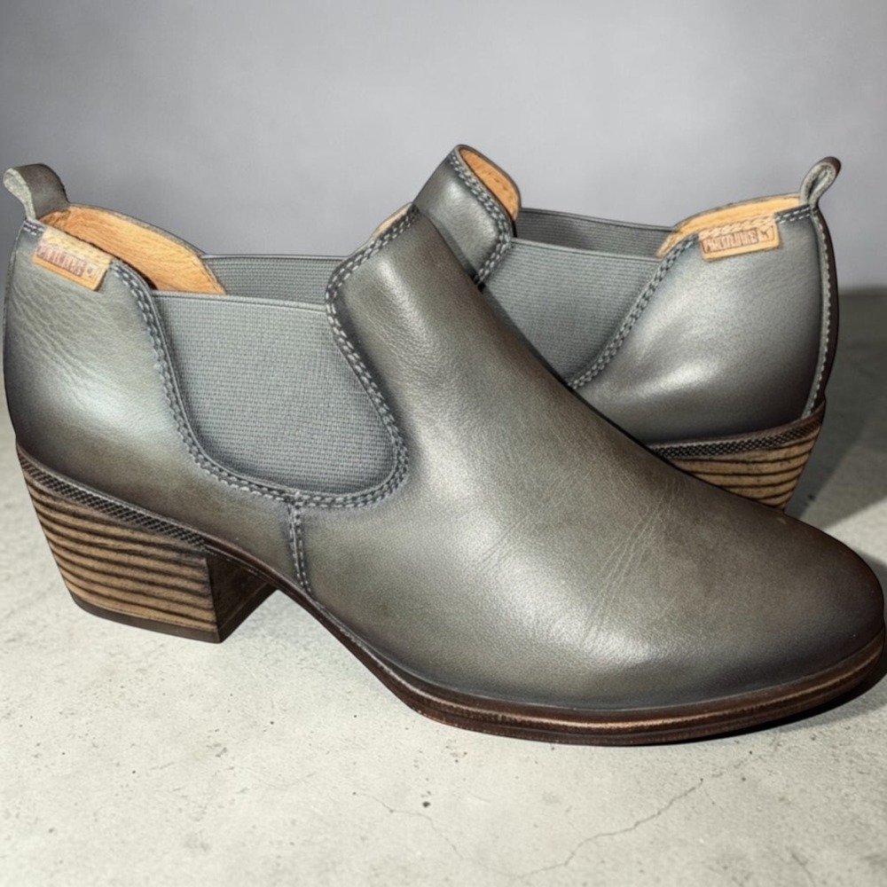 Pikolinos Women Grey Leather Ankle Boots EU 38 Slip On Stacked Heel Booties